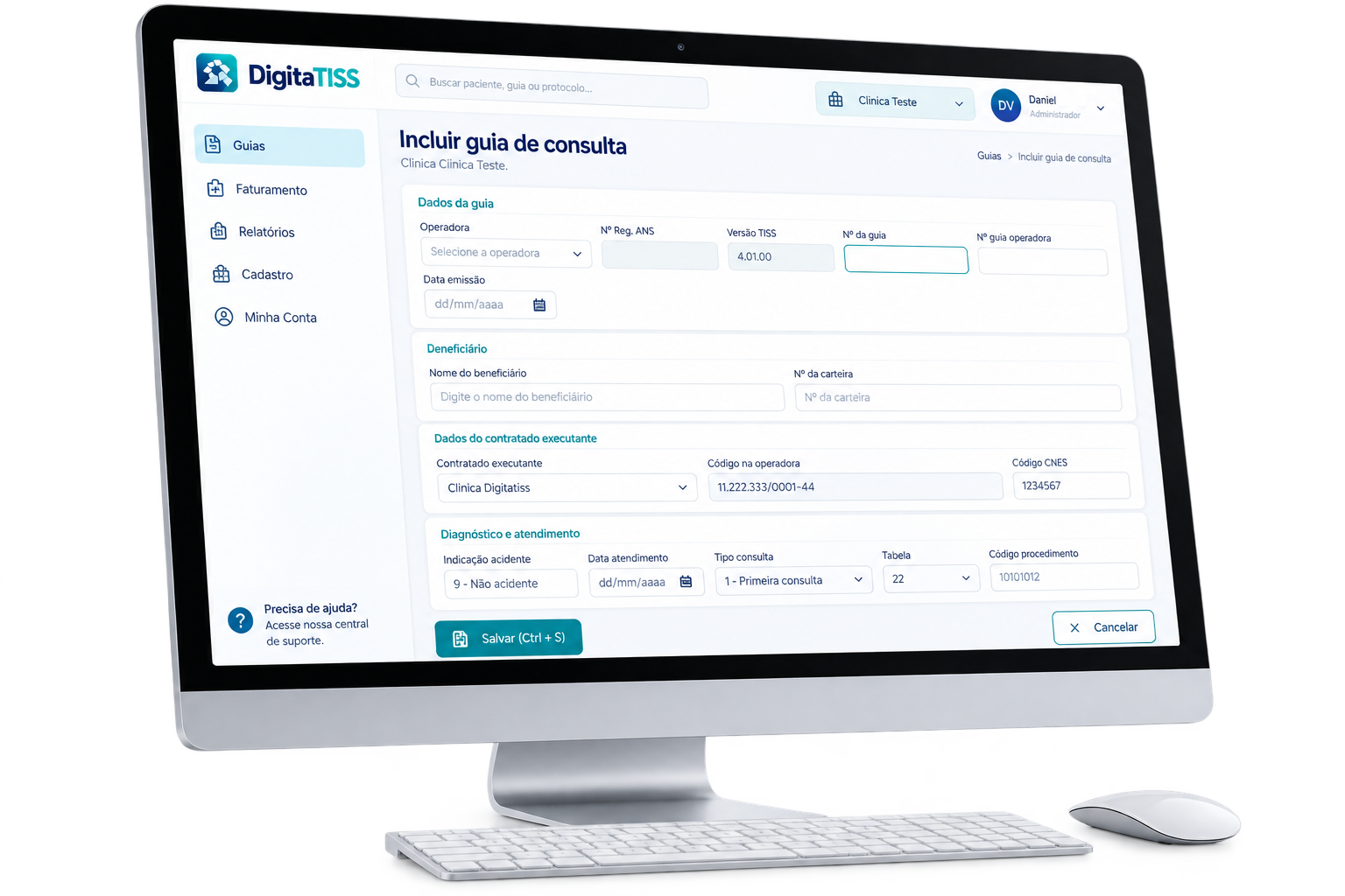 DigitaTISS em um computador: tela de inclusão de guia de consulta TISS